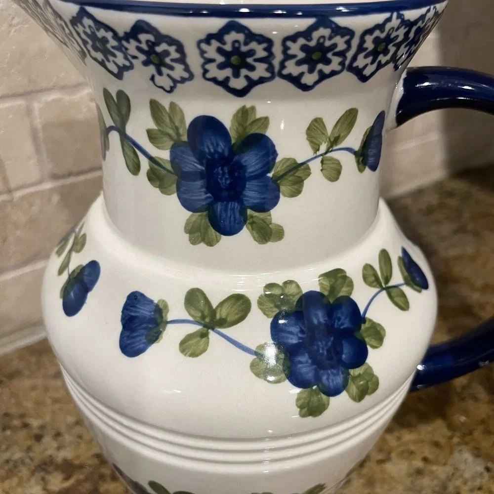 Tabletops Gallery Pitcher 8.5 Inch‎ Nicolette White Blue Flowers Ceramic